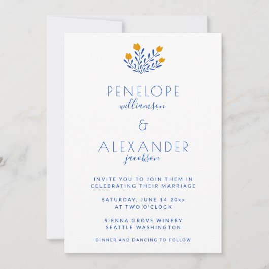 Invitation Flore folk Scandi en Mariage bleu et jaune (Devant)