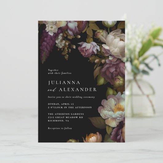 Invitation Flore foncé | Elegant Moody moderne Mariage noir (Debout devant)