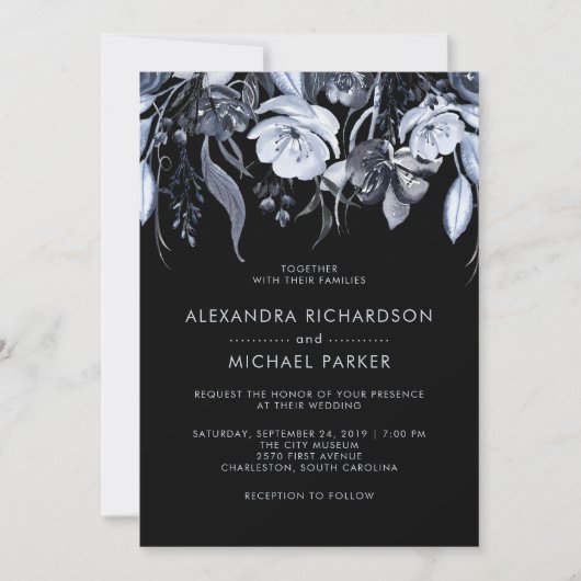 Invitation Flore foncé | Mariage d'aquarelle noir (Devant)