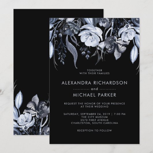 Invitation Flore foncé | Mariage d'aquarelle noir (Devant / Derrière)