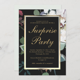Invitation Flore foncée avec Faux Gold Frame Surprise Party