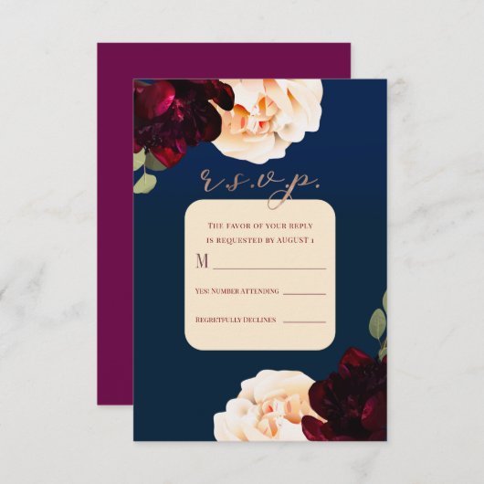 Invitation Flore foncée Marsala Crème & Marine Réponse R.S.V. (Devant / Derrière)