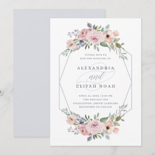 Invitation Flore géométrique bleu et Rose MARIAGE