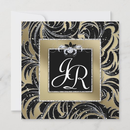 Invitation Flore Mariage de feuille noire or  (Devant)