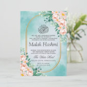 Invitation Flore moderne feuille bleu islamique Aqiqa Aqeeqa  (Debout devant)