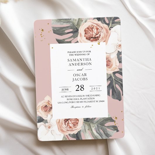 Invitation Flore moderne rose & vert Feuille Tropicale & Orch