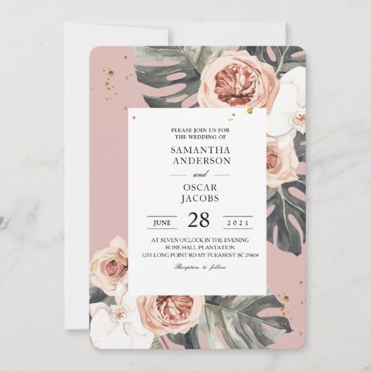 Invitation Flore moderne rose & vert Feuille Tropicale & Orch (Devant)