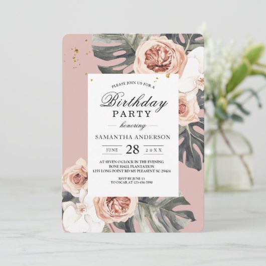 Invitation Flore moderne rose & vert Feuille Tropicale & Orch (Debout devant)