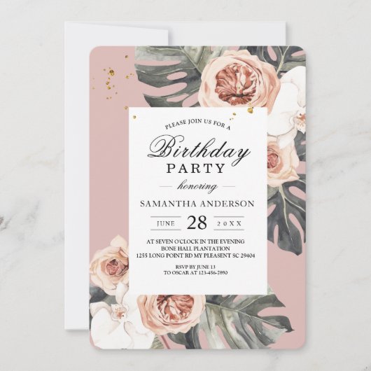 Invitation Flore moderne rose & vert Feuille Tropicale & Orch (Devant)