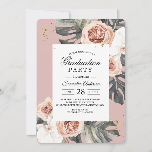 Invitation Flore moderne rose & vert Feuille Tropicale & Orch (Devant)