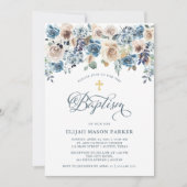 Invitation Flore neutre et bleue| Baptême de garçon ou de fil (Devant)
