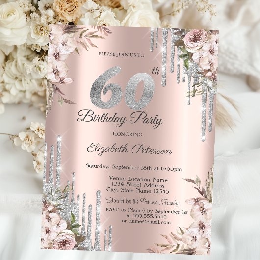 Invitation Flore Parties scintillant en argent Rose Gold 60e
