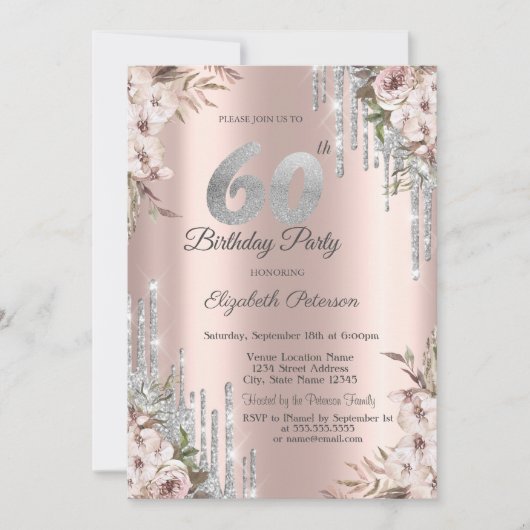 Invitation Flore Parties scintillant en argent Rose Gold 60e (Devant)