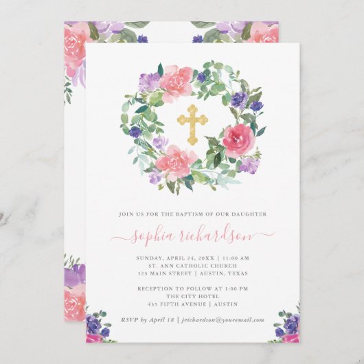 Invitation Flore peint à la main| Baptême d'aquarelle tendanc (Devant / Derrière)