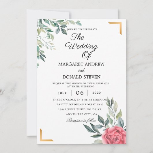 Invitation Flore poussiéreux avec cadre géométrique doré mari (Devant)