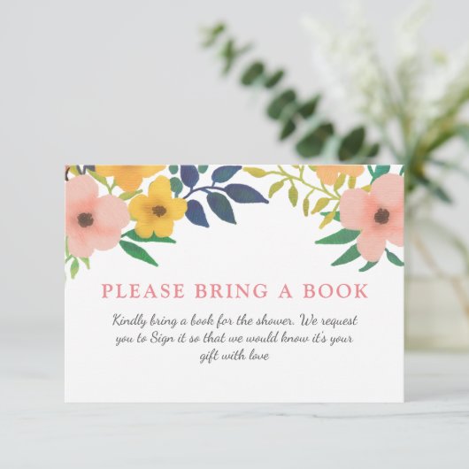 Invitation Flore rose aquarelle| Baby shower Apporter Un Livr (Debout devant)