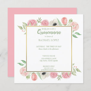 Invitation Flore rose Chic Cadre Or Quinceanera