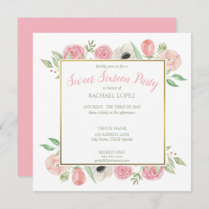 Invitation Flore rose Chic   Sweet sixteen Gold Frame