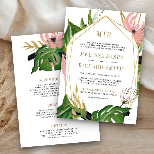 Invitation Flore rose or sauvage en un seul Mariage
