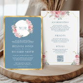 Invitation Flore rose pâle bleu foncé tout en un Mariage
