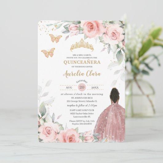Invitation Flore rose pâle Brown princesse Quinceañera (Debout devant)