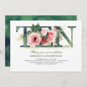 Invitation Flore rose pâle DIX | 10e fête d'anniversaire (Devant / Derrière)