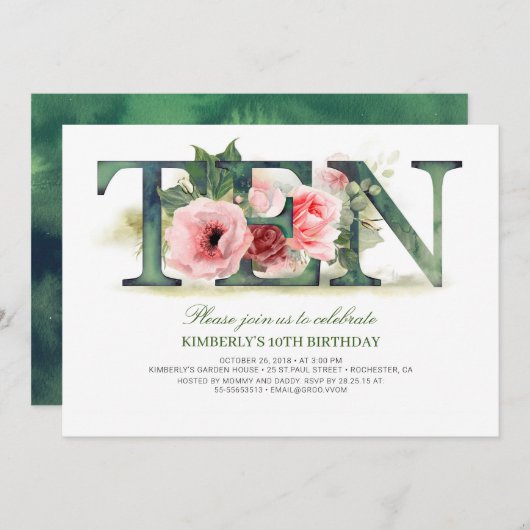 Invitation Flore rose pâle DIX | 10e fête d'anniversaire (Devant / Derrière)