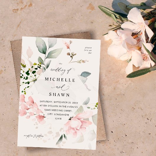 Invitation Flore rose pâle et Mariage Eucalyptus B