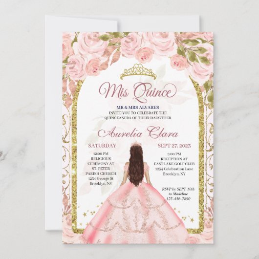 Invitation Flore rose pâle Princess Arch Photo Quinceanera (Devant)