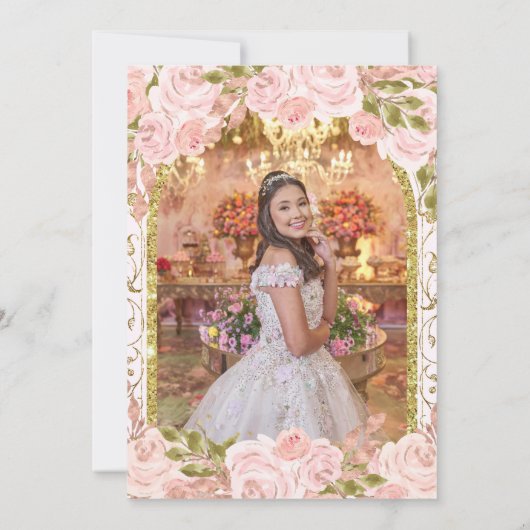 Invitation Flore rose pâle Princess Arch Photo Quinceanera (Dos)
