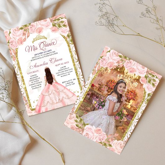 Invitation Flore rose pâle Princess Arch Photo Quinceanera