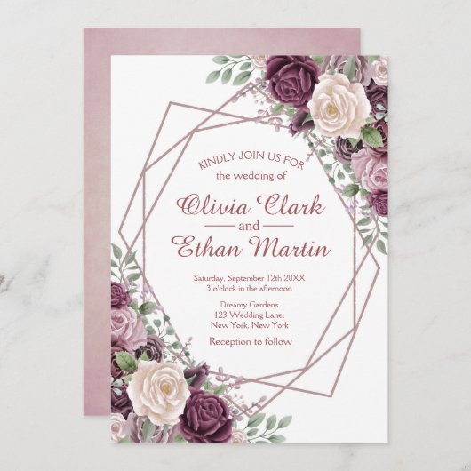 Invitation Flore Rose poussiéreux géométrique sur blanc (Devant / Derrière)