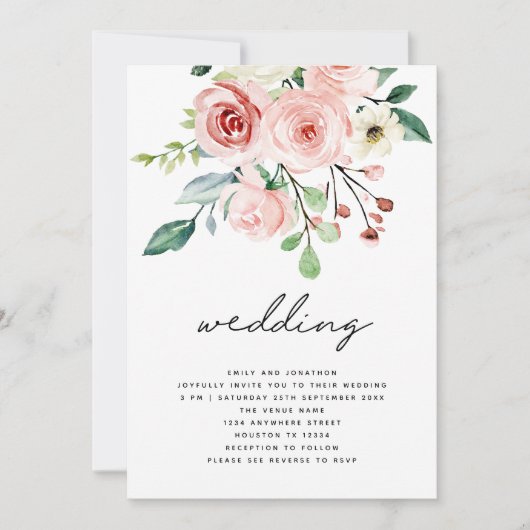 Invitation Flore rose rose moderne Mariage de code QR (Devant)