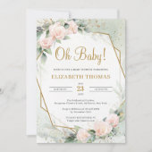 Invitation Flore rose rose moderne verdure dorée Oh bébé (Devant)