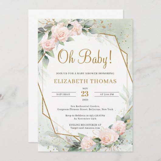 Invitation Flore rose rose moderne verdure dorée Oh bébé (Devant / Derrière)