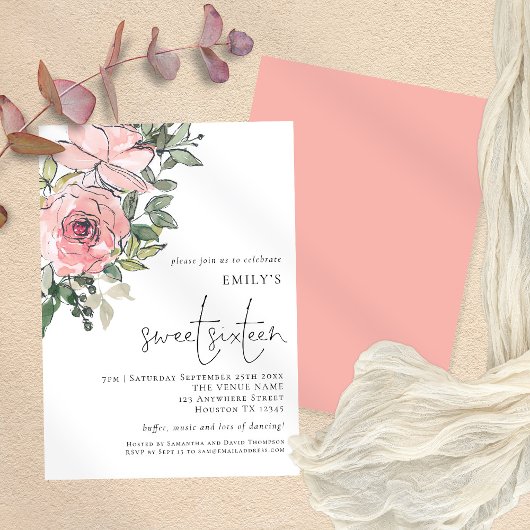 Invitation Flore rose vif moderne Sweet 16 Party