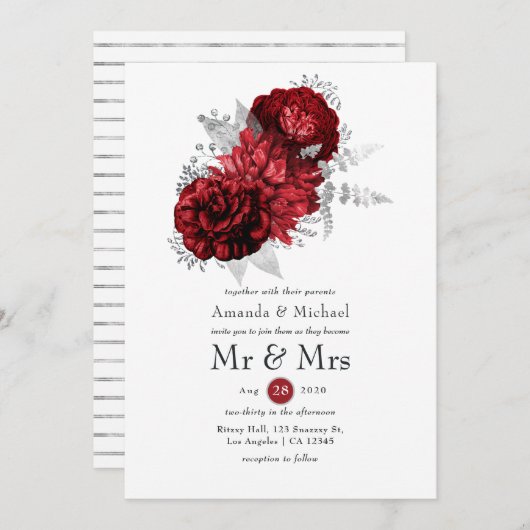 Invitation Flore rouge et argent M. & Mme Mariage (Devant / Derrière)