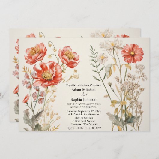 Invitation Flore rouge et crème (Devant / Derrière)