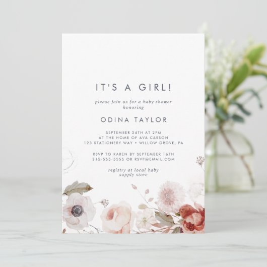 Invitation Flore simple C'est un Baby shower de fille (Debout devant)