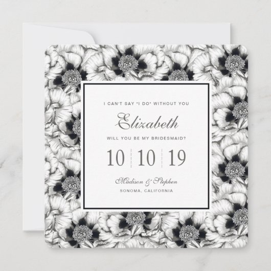 Invitation Flore tirée à main noire et blanche - Bridesmaid (Devant)