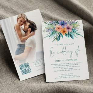 Invitation Flore tropicale Photo QR Code Mariage Turquoise