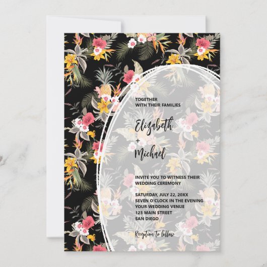 Invitation Flore tropicale sur le Mariage de code QR noir (Devant)