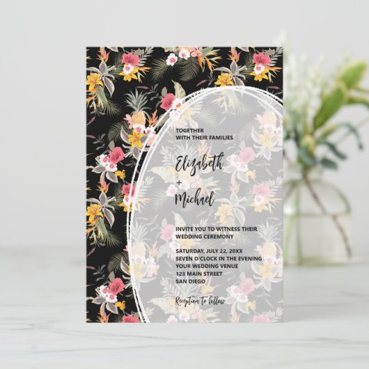 Invitation Flore tropicale sur le Mariage de code QR noir (Debout devant)