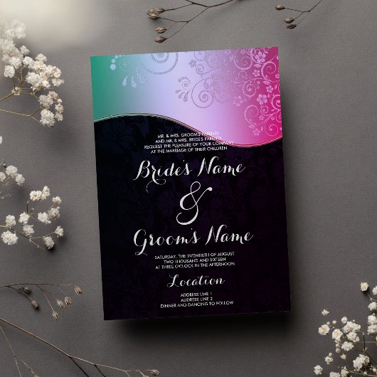 Invitation Flore Turquoise rose noire Mariage damassé