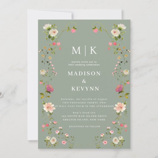 Invitation Flore verte de taille minimale et chic | Mariage (Devant)