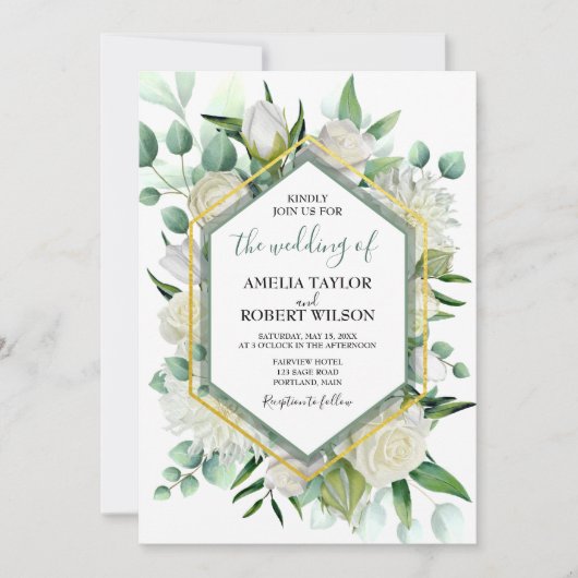 Invitation Flore verte et blanche avec cadre or (Devant)