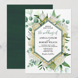 Invitation Flore verte et blanche avec cadre or