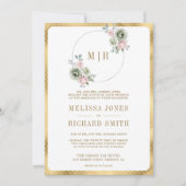 Invitation Flore verte rose pâle tout en un seul Mariage (Devant)