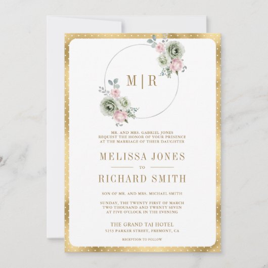 Invitation Flore verte rose pâle tout en un seul Mariage (Devant)