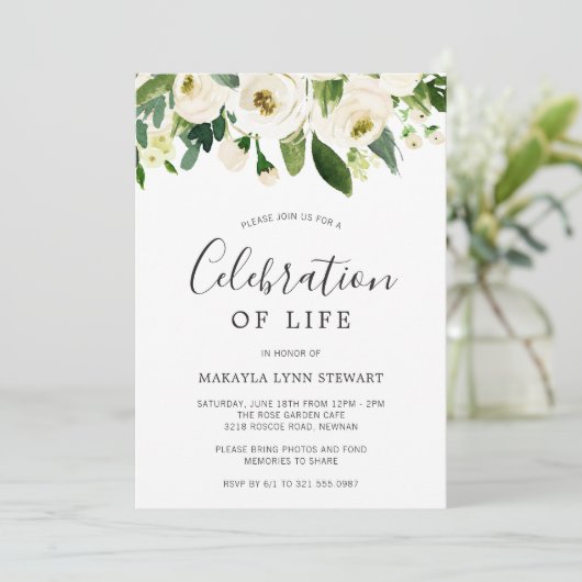 Invitation Flore verte Roses blanches Célébration de la vie (Debout devant)